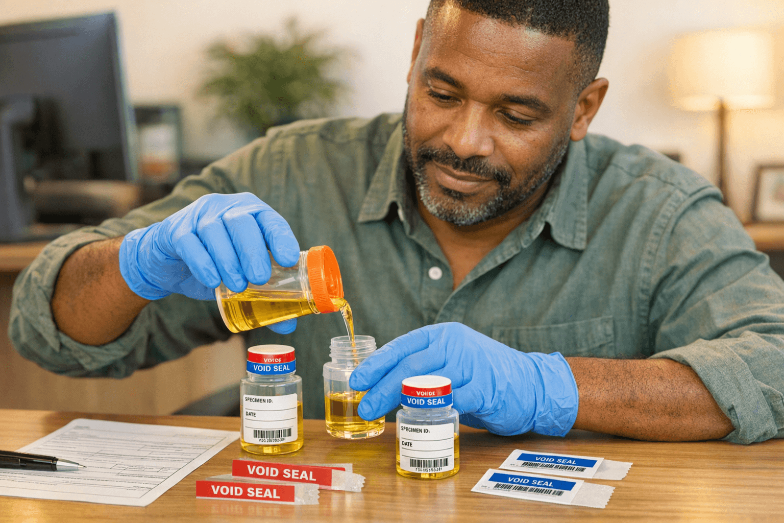 African-American client wearing blue nitrile gloves pouring a urine specimen into DOT bottles at a professional office desk