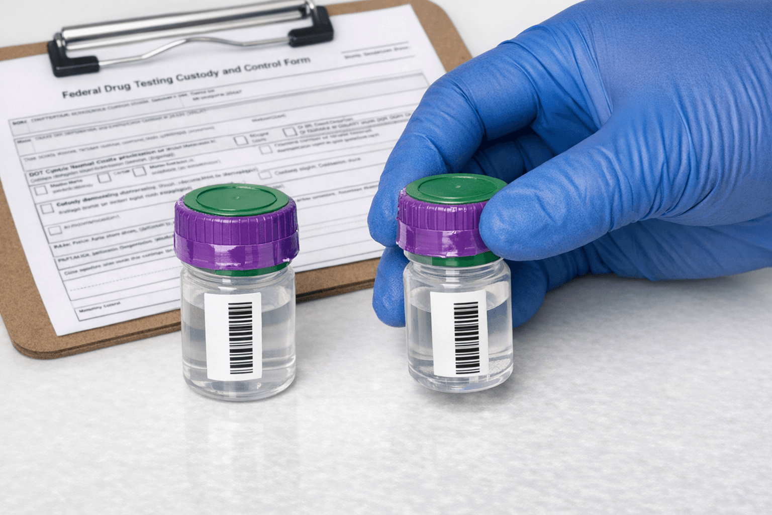 Close up of two DOT split specimen bottles with tamper-evident seals being handled by an African-American gloved hand, CCF form in background