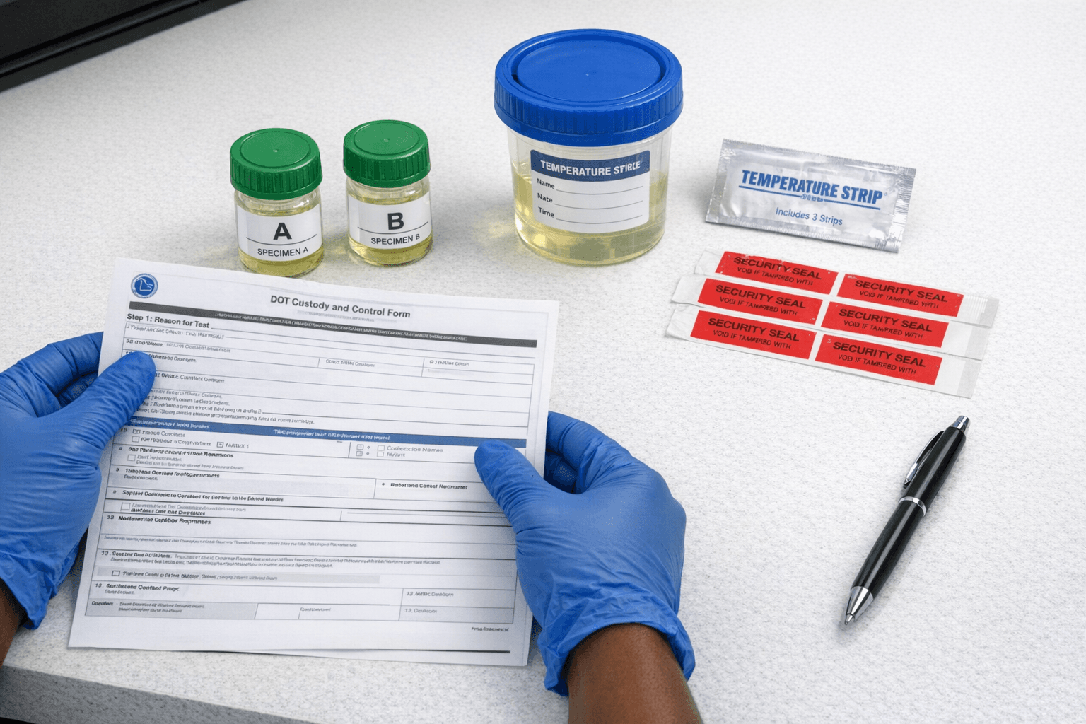 Close-up photo of gloved hands handling DOT CCF form with split specimen bottles and collection cup and tamper-evident seals arranged on a clean white collection counter