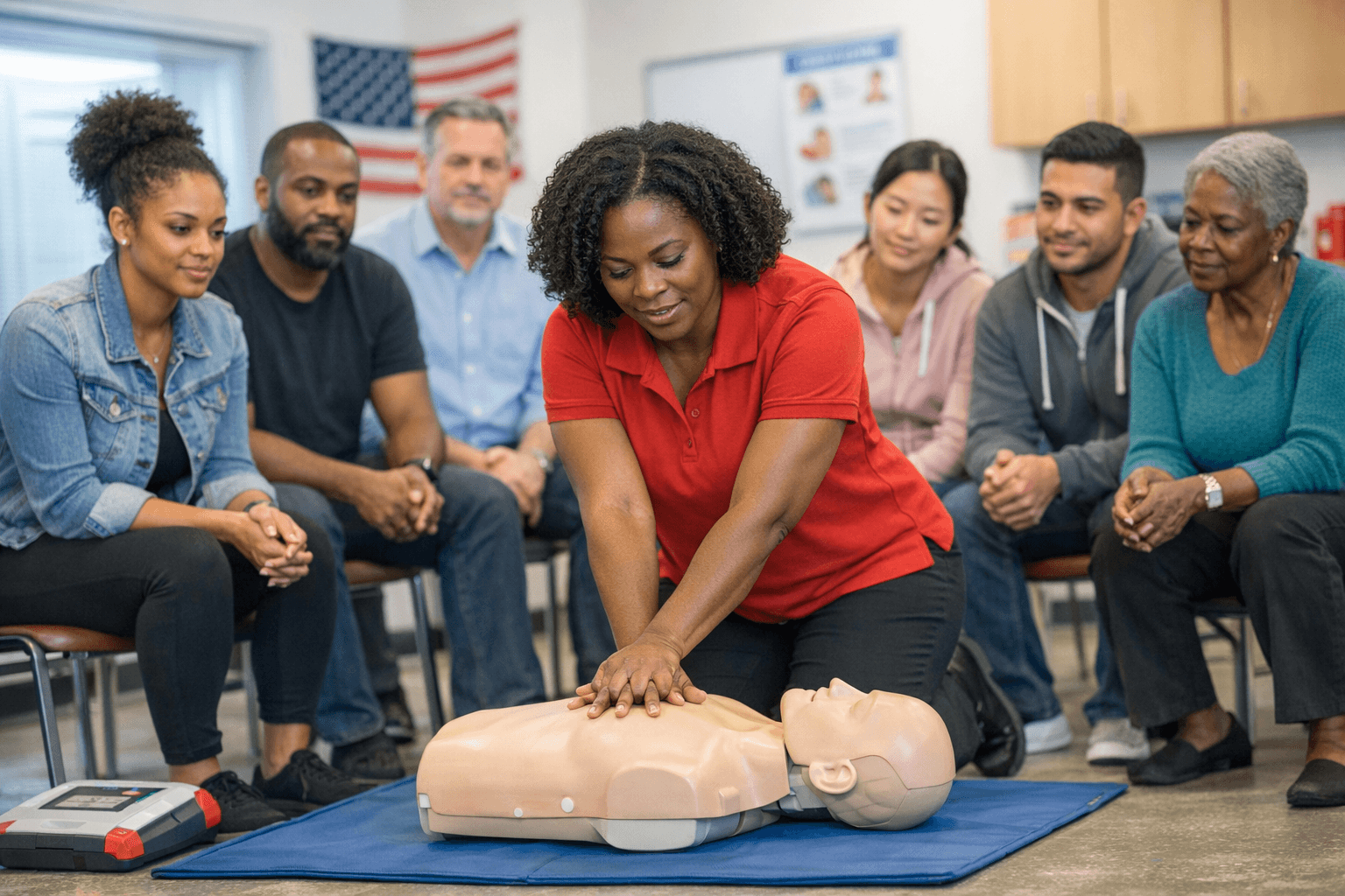 African-American woman performing nurse-initiated CPR on manikin while diverse adults watch in classroom