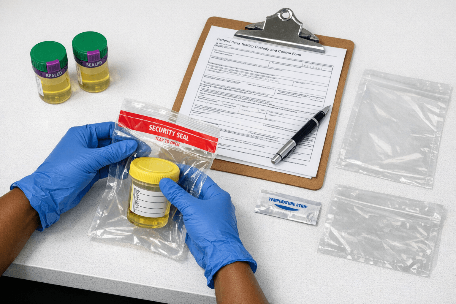 Above view of gloved African-American hands bagging a sealed specimen cup at a DOT collection counter with split bottles and CCF form visible