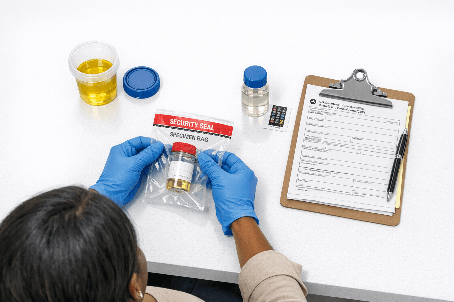 Top down view of African-American collector hands in blue nitrile gloves sealing a DOT specimen bottle into a tamper-evident bag with cups and forms on the counter