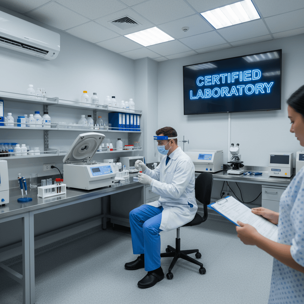 Professional medical technician collecting drug test specimen in certified laboratory setting with professional equipment