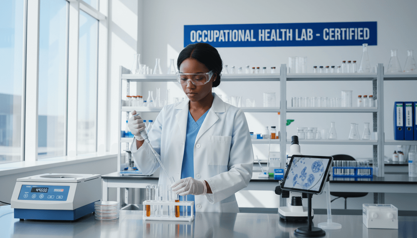 Professional medical technician collecting drug test specimen in certified laboratory setting with professional equipment