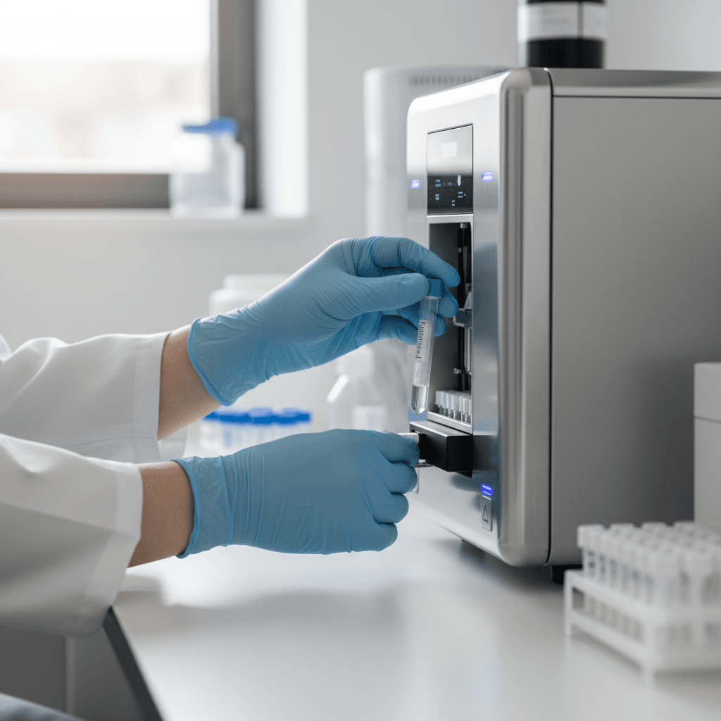Laboratory technician inserting DNA sample tube into sequencing machine with gloved hands