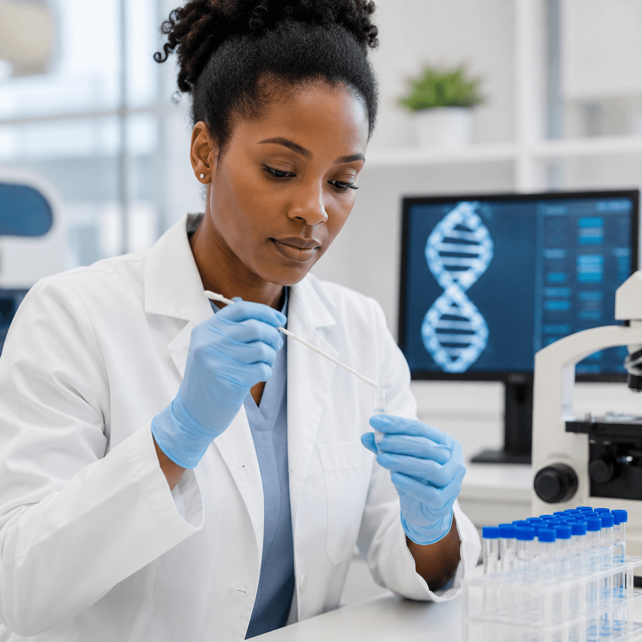 Black female scientist in a lab coat using a swab to collect a genetic sample.