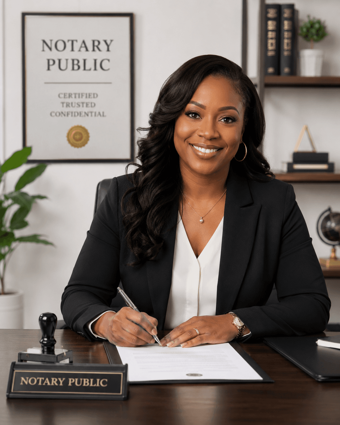 A smiling Black woman notary public signs a document at her professional office desk.
