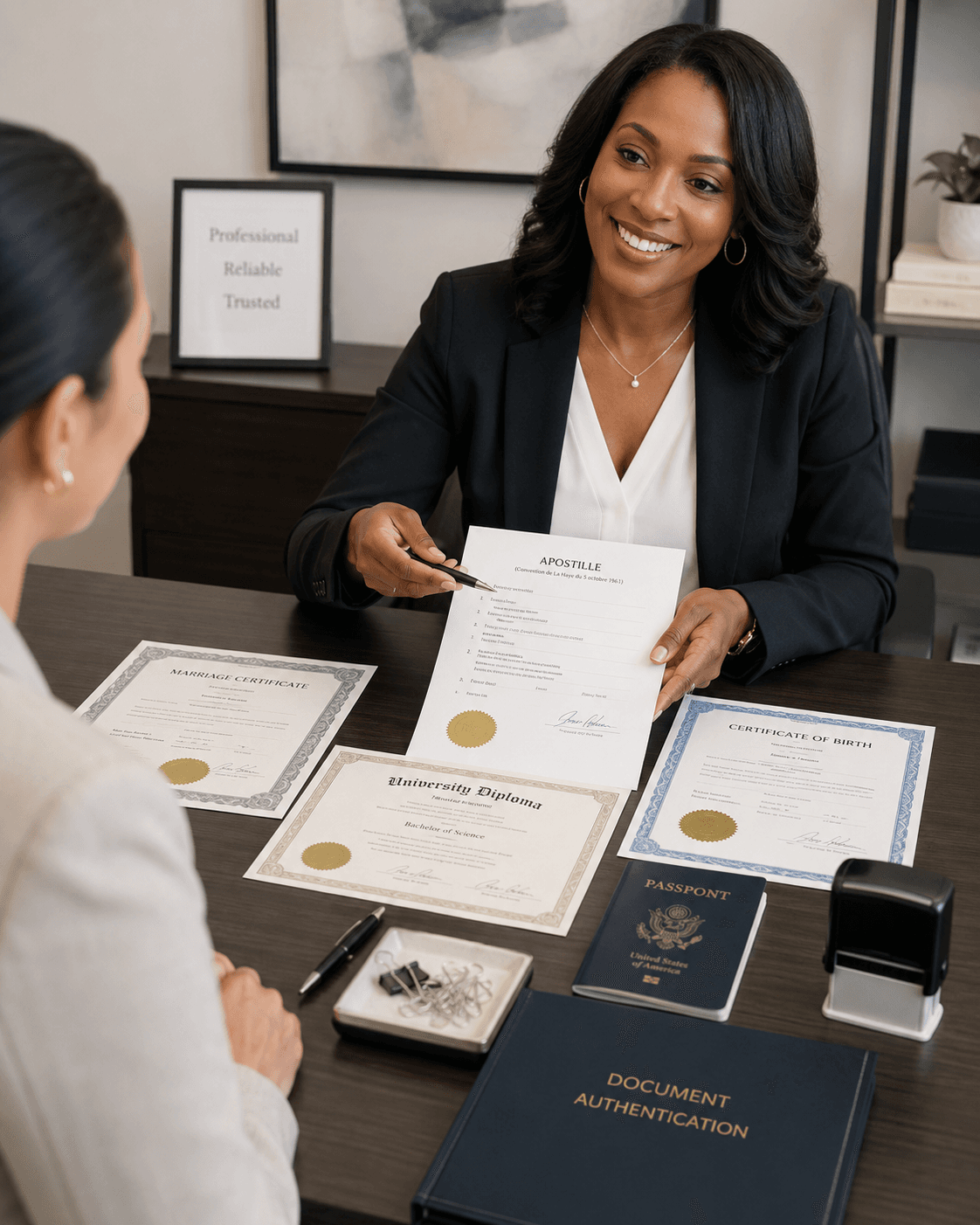 Smiling professional woman presenting an apostille document to a client at a desk with certificates.