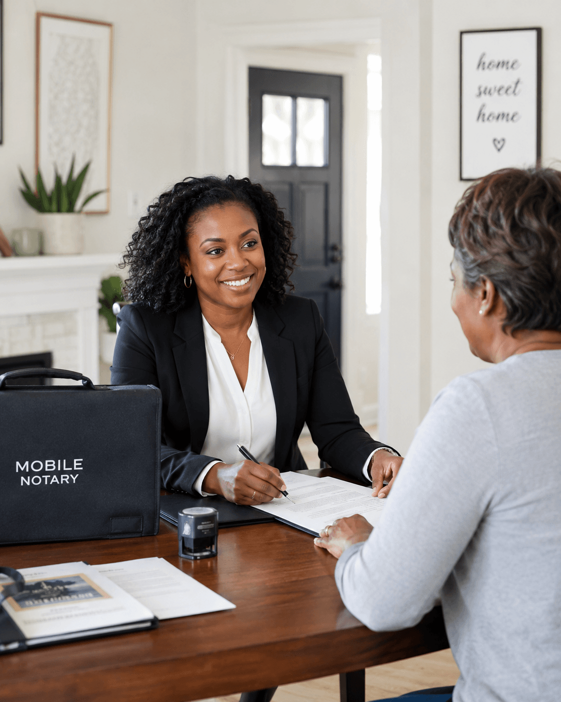 Smiling Black mobile notary in a blazer signs documents with a client at home.