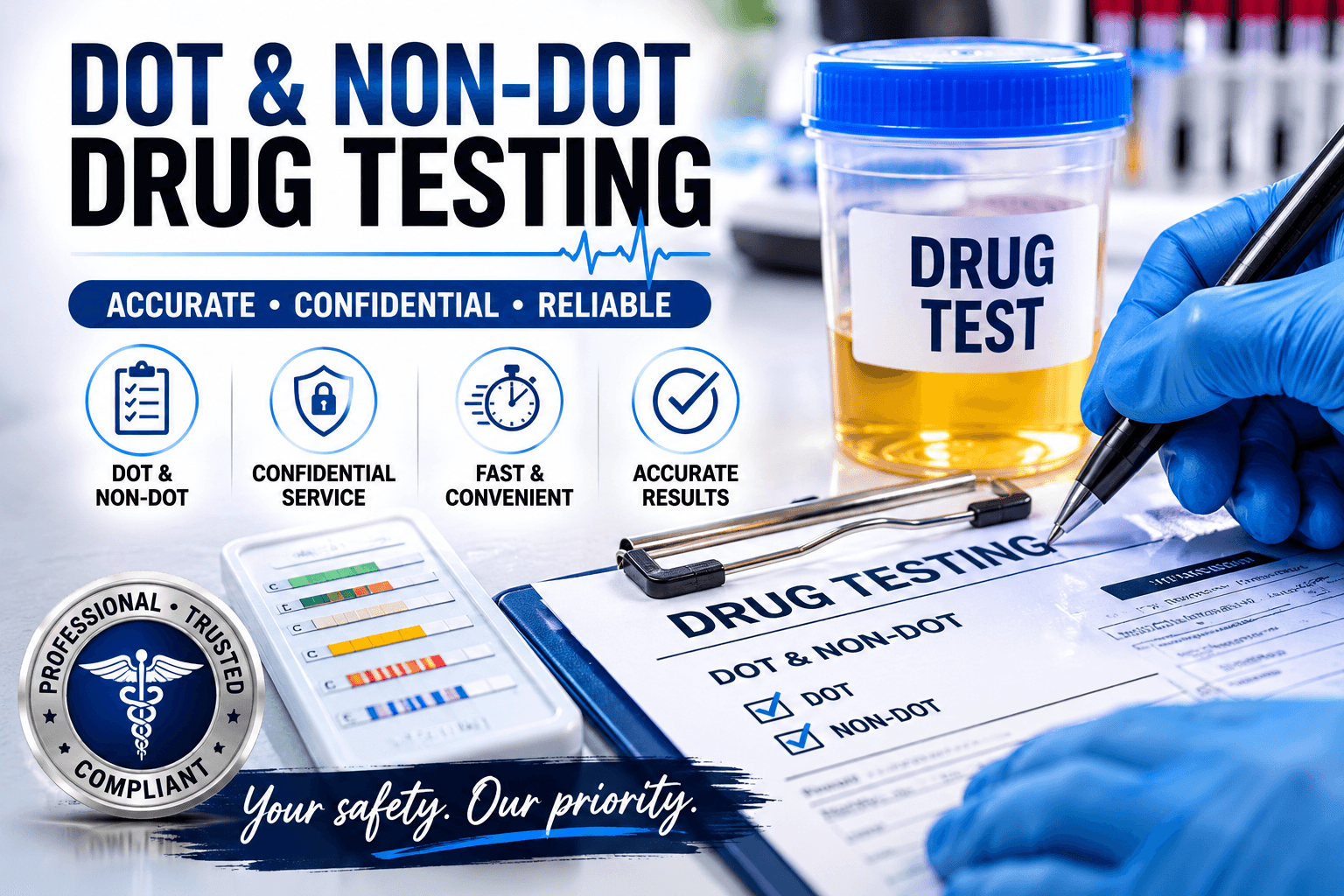 Advertisement for DOT and non-DOT drug testing services featuring a urine sample cup and form.