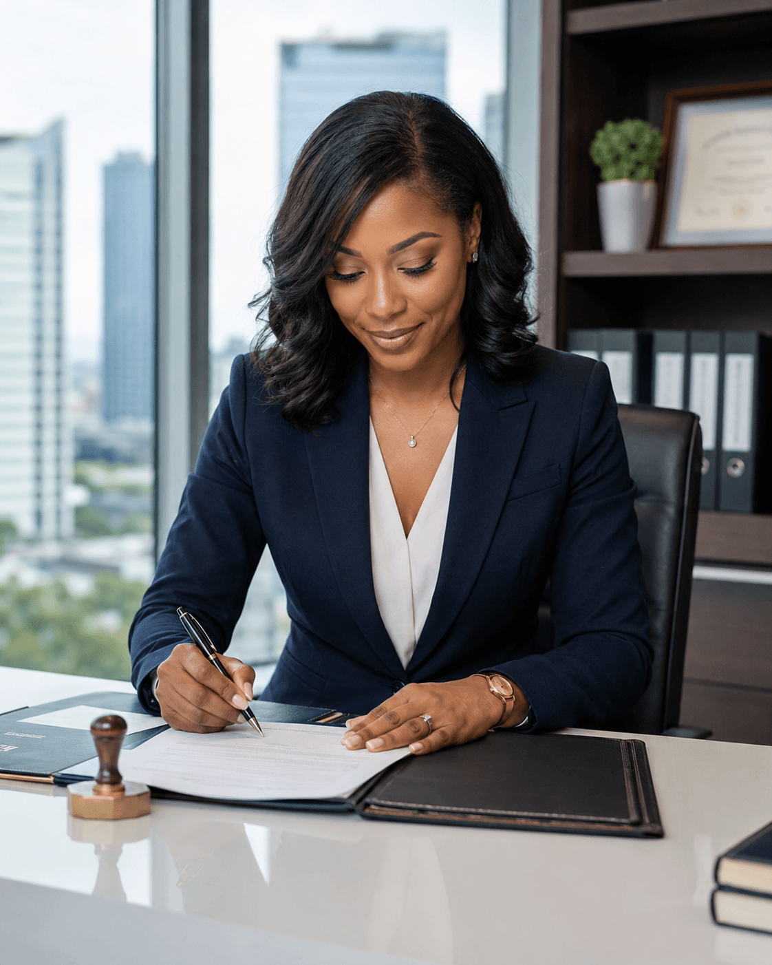 Professional Black woman in a navy blazer signing a document at a high-rise office desk.