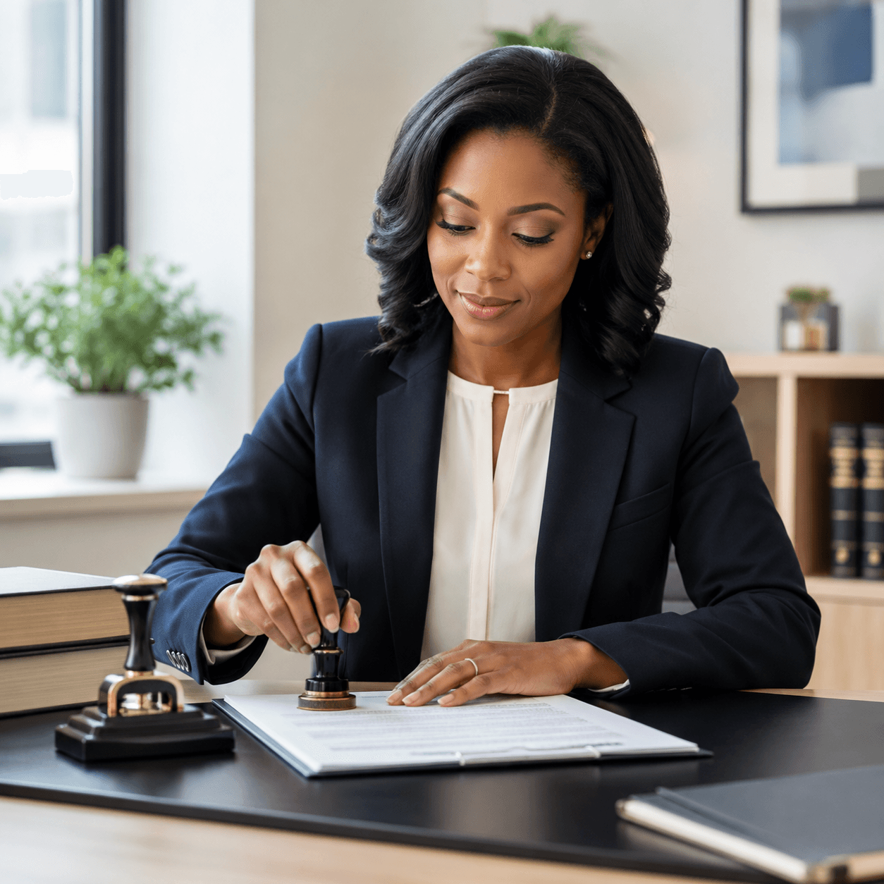 Professional Black woman in a navy blazer stamps a document at her office desk.
