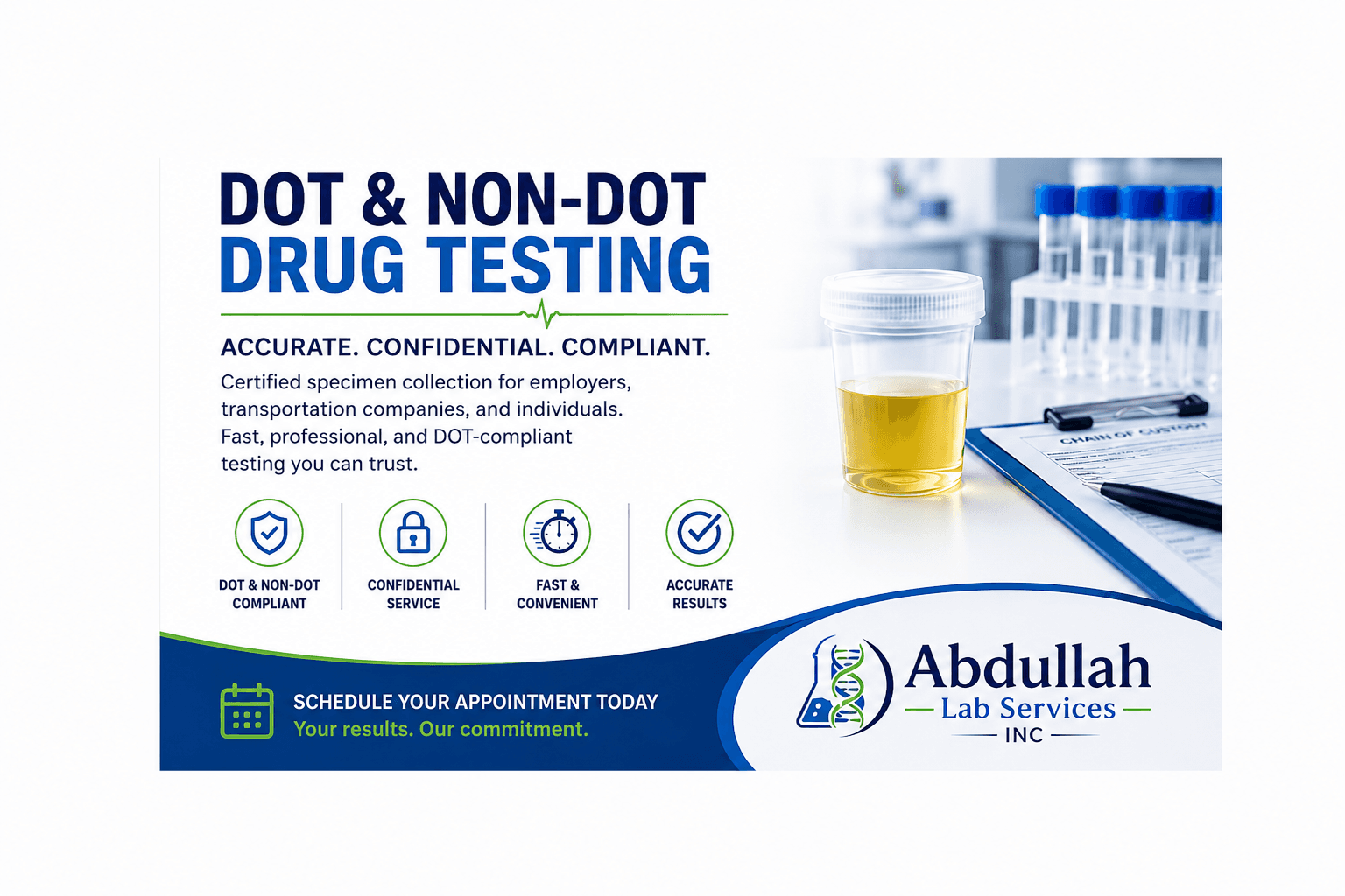Abdullah Lab Services INC advertisement for accurate, compliant DOT and non-DOT drug testing services.