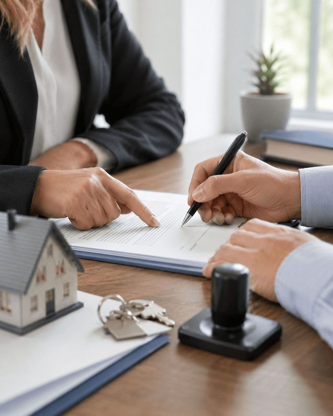 Person pointing at a contract while another signs near a model house and keys.